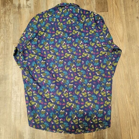 Alan Flusser Long Sleeve Button Shirt Men's Medium M Blue Pineapple Hawaiian - Picture 3 of 6